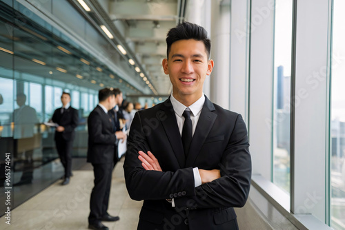 Young Business Professional in Formal Suit Standing Confidently in Modern Office Hallway with Colleagues in the Background