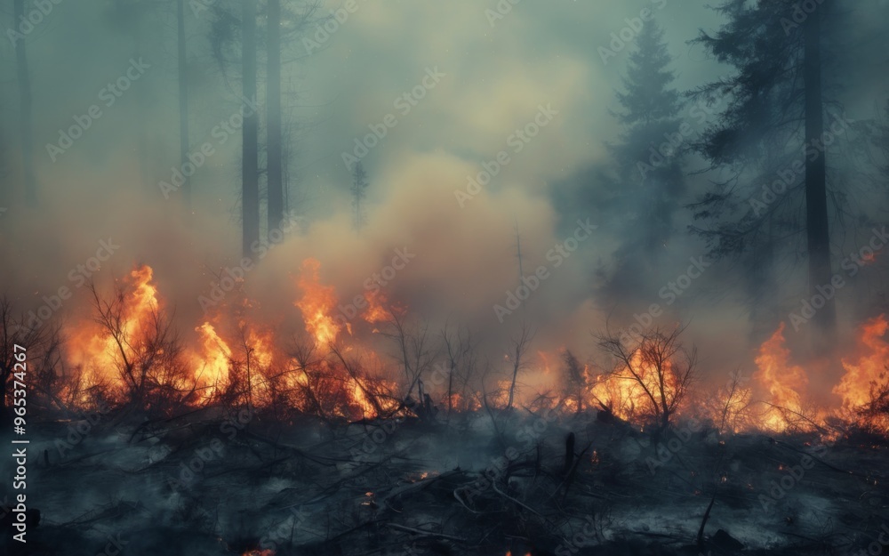 Dense forest ablaze with flames reaching the sky, billowing smok Dense forest ablaze with flames reaching the sky, billowing smok