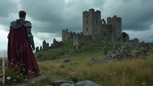 Lonely knight at ancient fortress storm clouds overhead wildflowers bloom among ruins