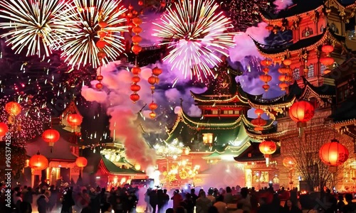 Wallpaper Mural A traditional Chinese New Year celebration with red lanterns, firecrackers, and families gathered for a feast. Video Torontodigital.ca