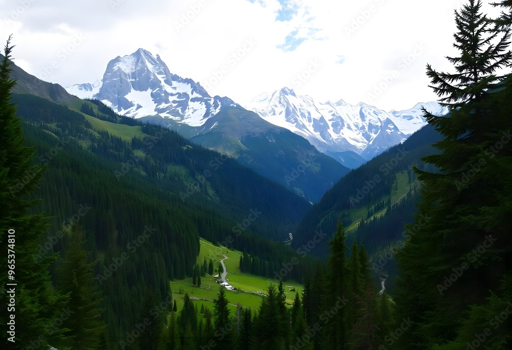 Green valley surrounded by towering, snow-capped mountains under a clear blue sky. Green valley surrounded by towering, snow-capped mountains under a clear blue sky.