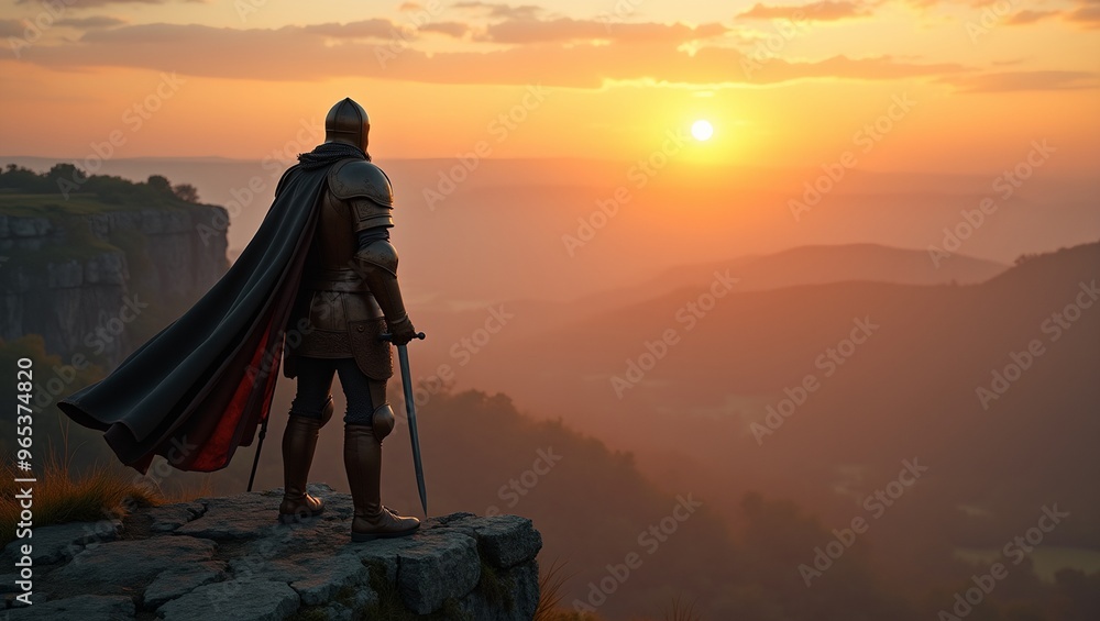 Rusty knight on cliff at sunrise valley mist below cape in wind Rusty knight on cliff at sunrise valley mist below cape in wind