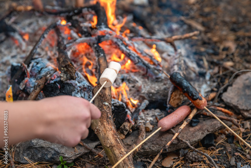 Wallpaper Mural People roasting sausages and marshmallows over a campfire while camping Torontodigital.ca