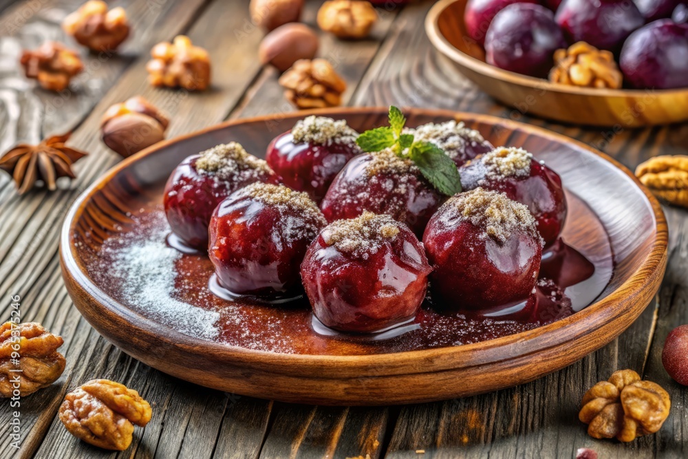 A sweet and crunchy delight, walnuts are dipped in a rich grape juice syrup, then coated in a light dusting of flour to create a tasty treat. A sweet and crunchy delight, walnuts are dipped in a rich grape juice syrup, then coated in a light dusting of flour to create a tasty treat.
