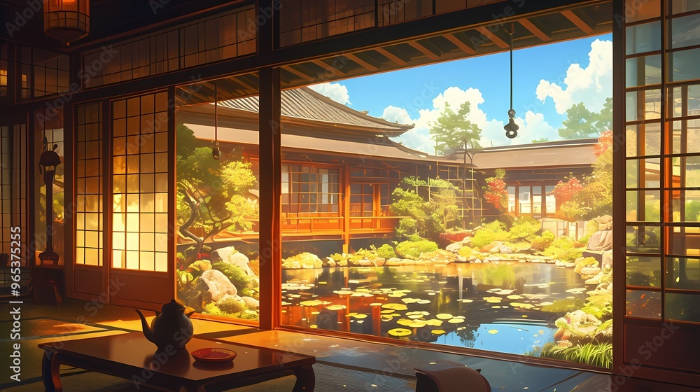 Fototapeta premium Serene view of a traditional Japanese garden from an elegant wooden room.