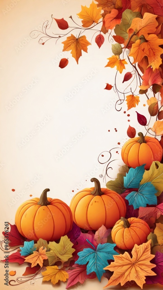 Fototapeta premium Thanksgiving Day background, pumpkins, autumn leaves. Banner, wallpaper, poster, copy space for text.