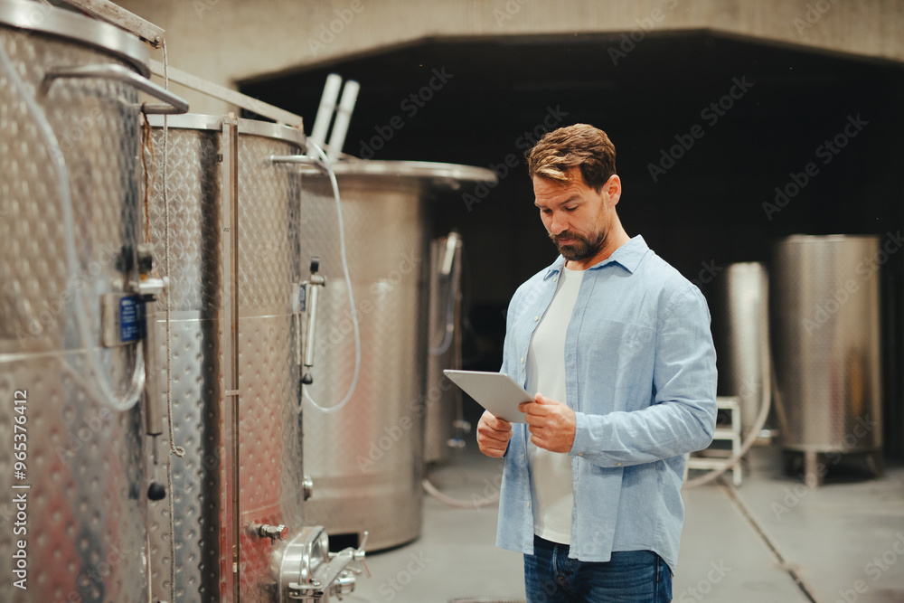 The winemaker standing in the wine cellar, monitoring the fermentation and aging processes in large barrels. The winemaker standing in the wine cellar, monitoring the fermentation and aging processes in large barrels.