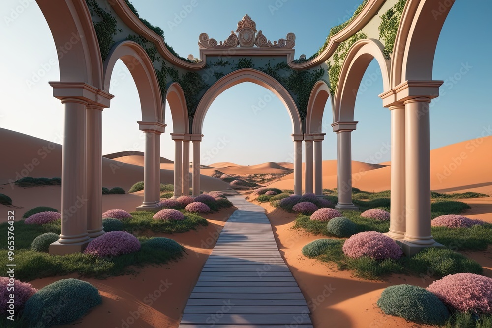 Obraz premium 3D Visualization of Whimsical Quaint Landscape with Majestic Arches and Expansive Bright Dune Ambiance