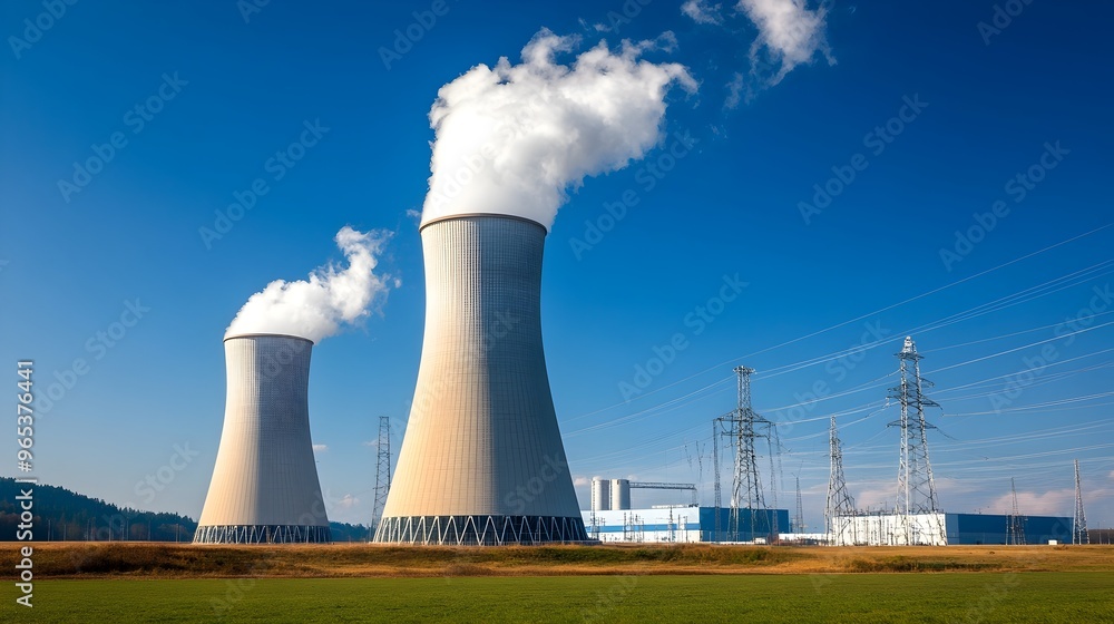 Massive Cooling Towers of a Modern Power Plant with Electrical Lines Stretching Into the Distance Massive Cooling Towers of a Modern Power Plant with Electrical Lines Stretching Into the Distance