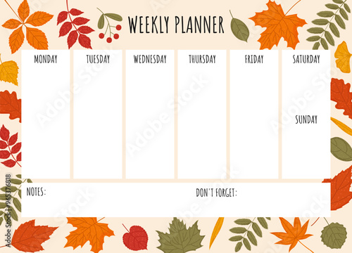 Weekly planner template with autumn background. Vector illustration with autumn elements for planner.  Personal electronic organizer.