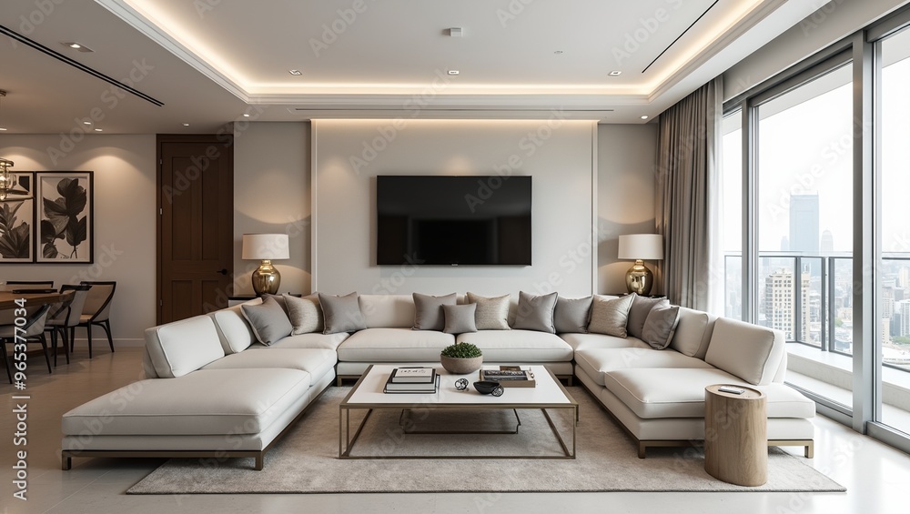 Fototapeta premium Elegant transitional living room blend of modern and classic elements neutral tones