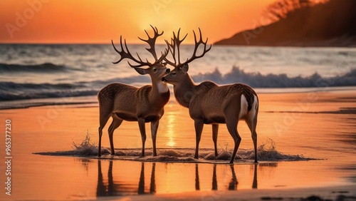 two deer on the beach with the sun setting behind them photo