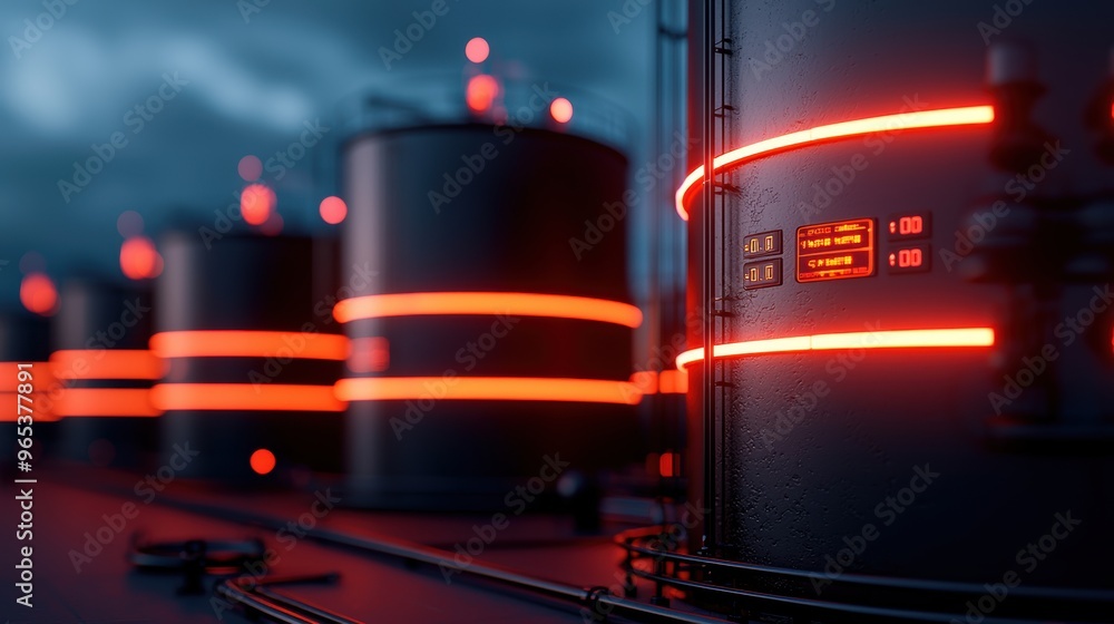 Futuristic Holographic Oil Storage Tanks at High-Tech Refinery - Dark Industrial Theme with Copy Space and Selective Focus Futuristic Holographic Oil Storage Tanks at High-Tech Refinery - Dark Industrial Theme with Copy Space and Selective Focus