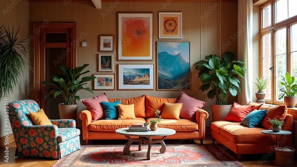Vibrant bohemian living room with eclectic decor and textures Vibrant bohemian living room with eclectic decor and textures