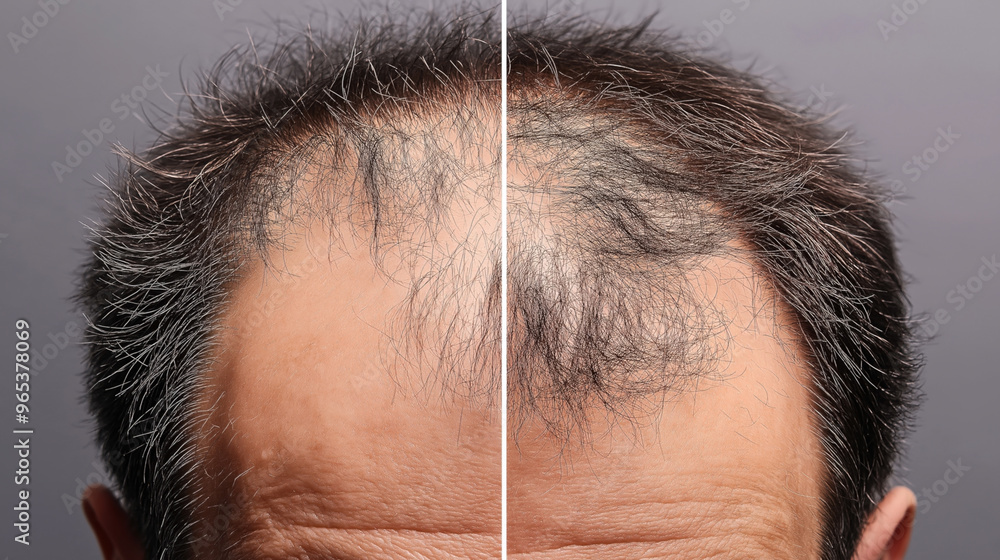 A comparison image showing a man's scalp before and after hair restoration treatment. The left side depicts significant hair loss, while the right side shows improved hair density. A comparison image showing a man's scalp before and after hair restoration treatment. The left side depicts significant hair loss, while the right side shows improved hair density.