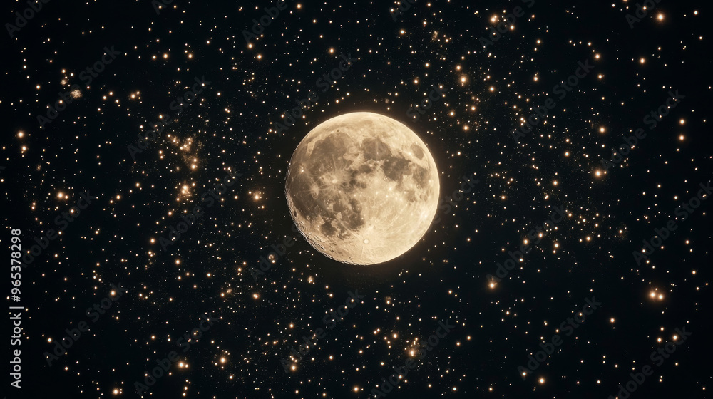 A picture shows a moon shining brightly in the night sky, with lots of tiny stars around it. A picture shows a moon shining brightly in the night sky, with lots of tiny stars around it.