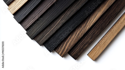 A collection of wood swatch samples, showcasing a dramatic contrast between deep ebony and light maple, arranged in a striking diagonal pattern
