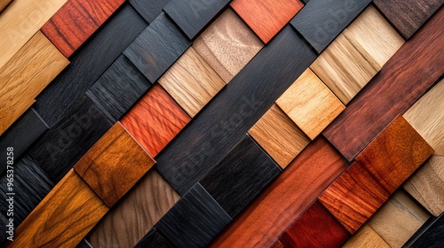 A collection of wood swatch samples, showcasing a dramatic contrast between deep ebony and light maple, arranged in a striking diagonal pattern