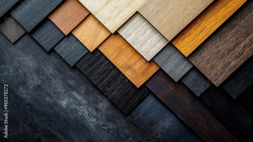 A collection of wood swatch samples, showcasing a dramatic contrast between deep ebony and light maple, arranged in a striking diagonal pattern