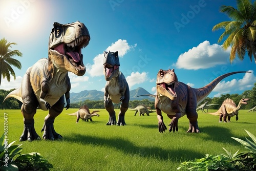 Dinosaurs in a Lush Meadow Exploring the Triassic Era Under a Clear Blue Sky photo