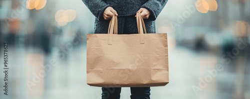Person holding a brown paper bag, walking in an urban environment, showcasing casual lifestyle and shopping activities.