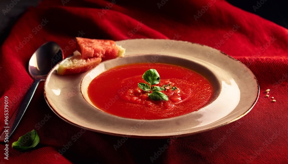 Gazpacho with basil leaf on beautiful plate on table on textured dark background Gazpacho with basil leaf on beautiful plate on table on textured dark background