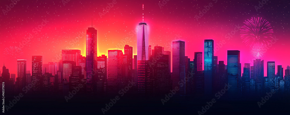 Vibrant urban skyline at twilight with a dazzling sunset and fireworks, capturing the essence of city life and celebration. Vibrant urban skyline at twilight with a dazzling sunset and fireworks, capturing the essence of city life and celebration.
