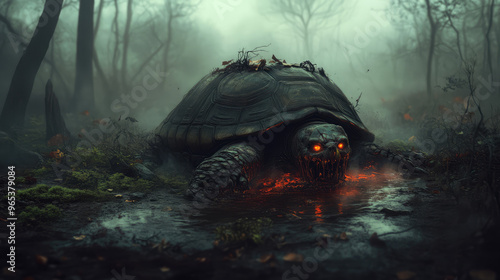 A horrifying zombie turtle with a decayed face and glowing eyes, crawling through a dark, foggy swamp. photo