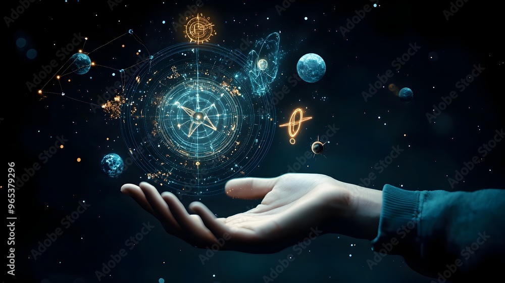 Mystical Floating Hand with Zodiac and Planetary Symbols Representing Astrological Energy Mystical Floating Hand with Zodiac and Planetary Symbols Representing Astrological Energy