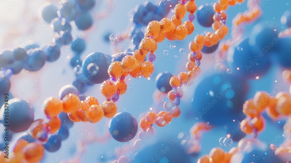 Detailed Closeup of DNA Strands with Orange and Blue Spheres Representing Base Pairs for Scientific and Educational Use Generative AI Detailed Closeup of DNA Strands with Orange and Blue Spheres Representing Base Pairs for Scientific and Educational Use Generative AI