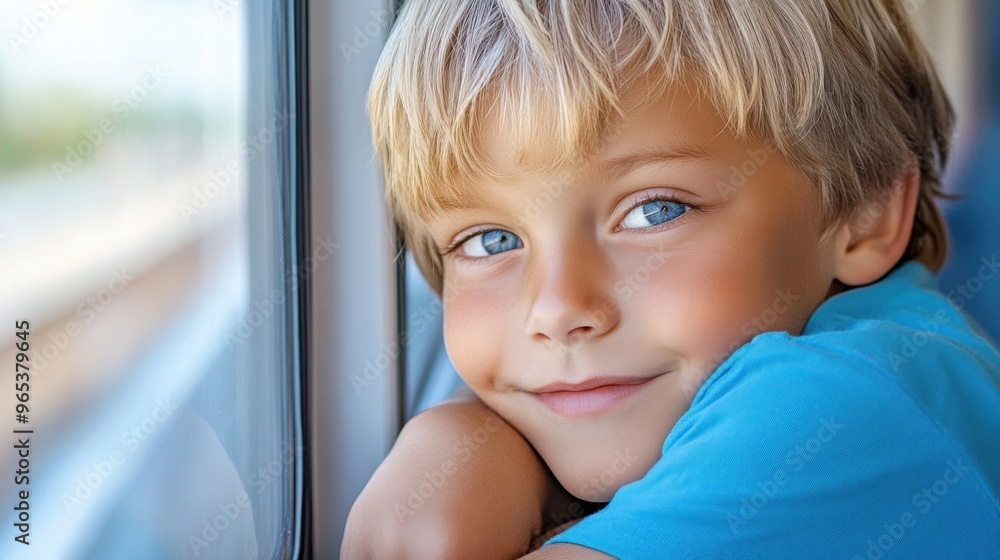 A young boy with blue shirt leaning against a window, AI