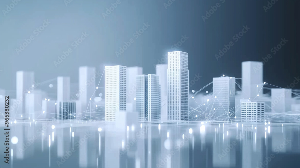 A miniature cityscape with illuminated lines connecting white buildings, symbolizing the interconnectedness of a smart city and advanced urban infrastructure. A miniature cityscape with illuminated lines connecting white buildings, symbolizing the interconnectedness of a smart city and advanced urban infrastructure.