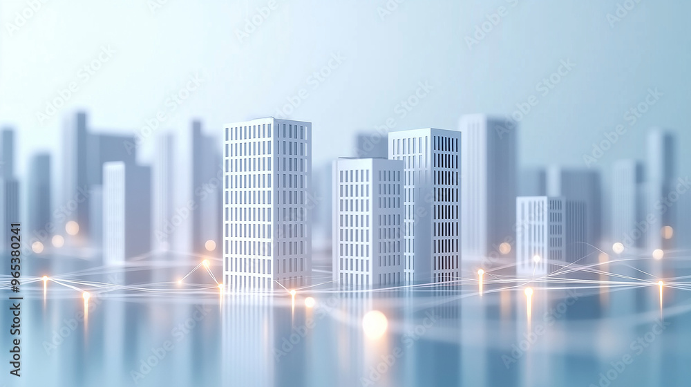 Miniature city model with connecting lines representing a smart city concept. Abstract background with white buildings and glowing points. Miniature city model with connecting lines representing a smart city concept. Abstract background with white buildings and glowing points.