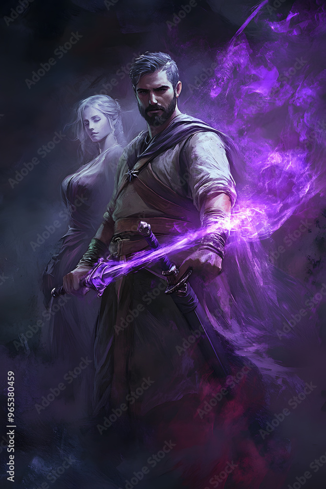 Obraz premium A strong looking mage in his thirties with a short beard, wielding a short sword glowing with dark purple energy