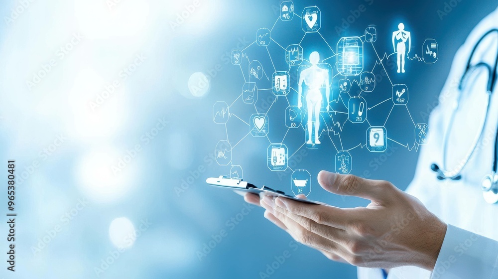 A healthcare professional using a smartphone with digital health data and holograms, symbolizing modern medical technology. A healthcare professional using a smartphone with digital health data and holograms, symbolizing modern medical technology.