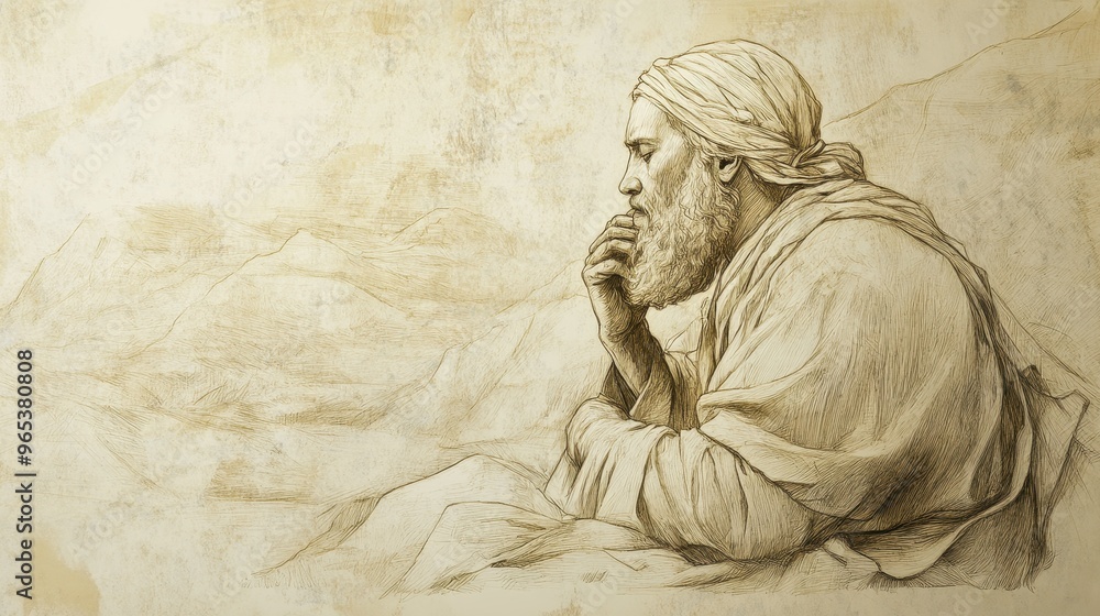 Fototapeta premium Bible Wall Art, Leviticus, The Death of Nadab and Abihu, Aaron in prayer for strength, Biblical Illustration on beige background