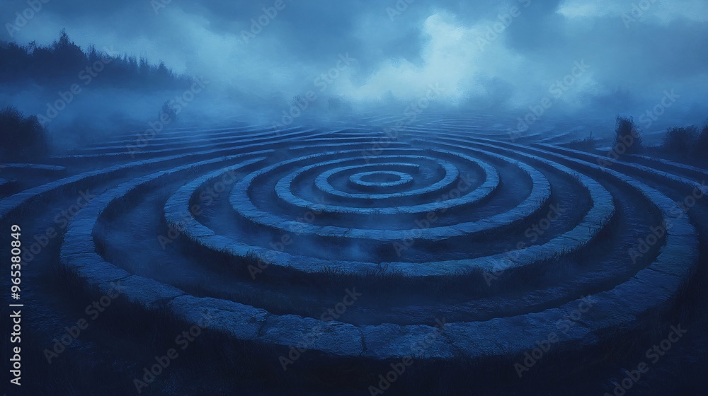Mystical labyrinth carved into the earth, shrouded in mist and twilight hues. Mystical labyrinth carved into the earth, shrouded in mist and twilight hues.