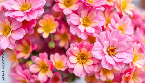 Bouquet of pink and yellow chrysanthemums with a soft, blurred background.