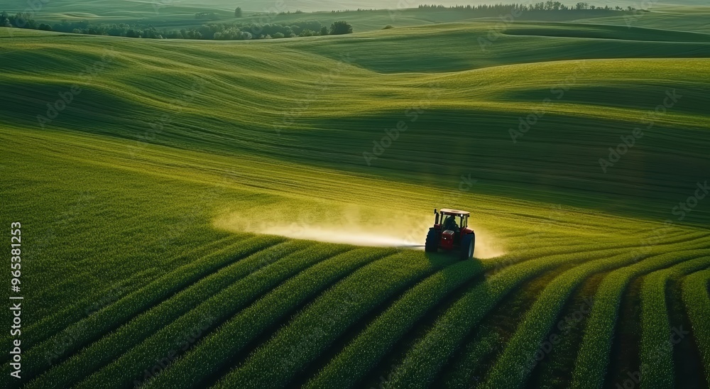 Agricultural tractor spraying pesticide in green fields, ideal for environmental or farming concepts Generative AI Agricultural tractor spraying pesticide in green fields, ideal for environmental or farming concepts Generative AI
