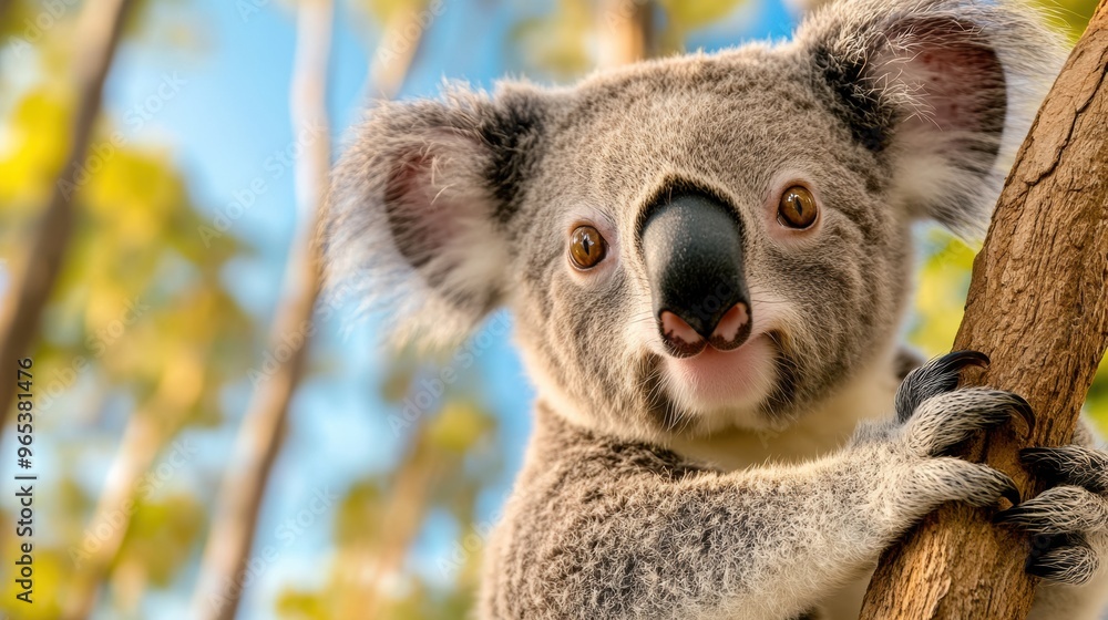 Fototapeta premium A koala bear is sitting on a tree branch with its paws up, AI