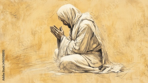 Bible Wall Art, Leviticus, The Sin Offering, Israelite praying in repentance during sin offering, Biblical Illustration on beige background