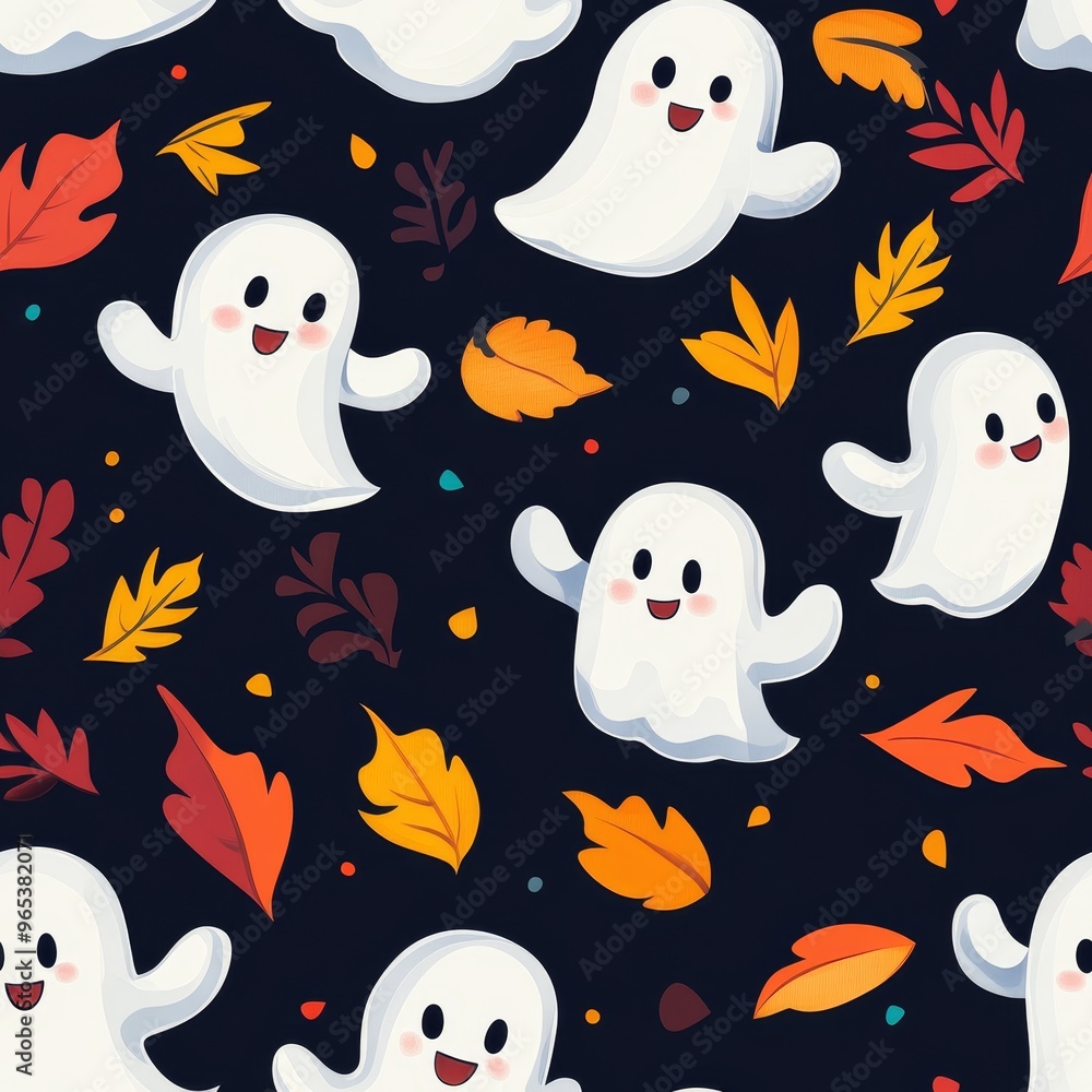 A Halloween themed pattern of white ghosts and leaves A Halloween themed pattern of white ghosts and leaves