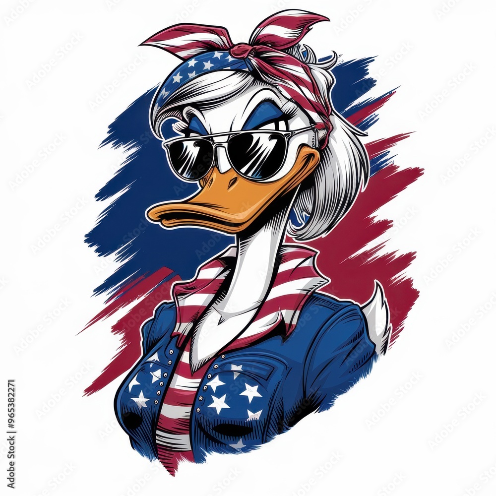 Cool Duck with Sunglasses Wearing American Flag Bandana and Shirt. Cool Duck with Sunglasses Wearing American Flag Bandana and Shirt.