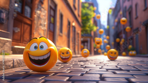 Smiling emojis on a city street, World Smile Day