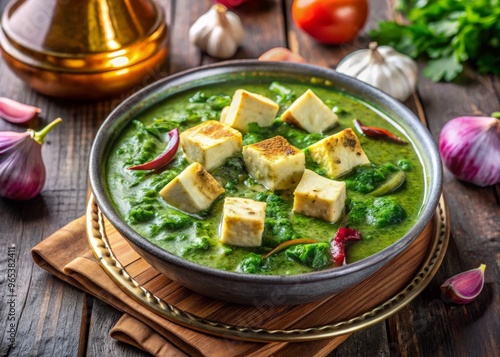 A vibrant bowl of palak paneer showcases creamy richness alongside the subtle aromas of sautéed onions, pungent garlic, and a medley of warming spices. photo