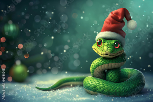 Christmas snake, symbol of the year, wearing santa hat on snowy background. 2025 is lunar year of green wooden snake. Christmas banner. Chinese Happy New Year and Merry Christmas