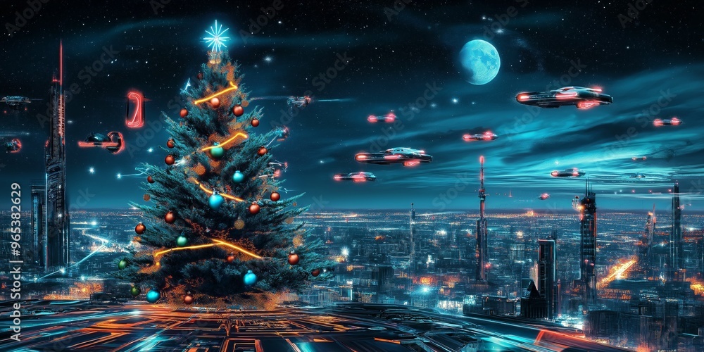 A futuristic Christmas celebration with a glowing tree and spaceships over a city skyline at night A futuristic Christmas celebration with a glowing tree and spaceships over a city skyline at night