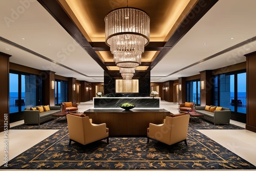 Luxurious Hotel Lobby with Welcoming Reception Desk and Exclusive Relaxation Zone photo