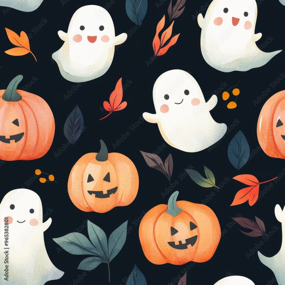 A Halloween themed pattern of white ghosts and leaves A Halloween themed pattern of white ghosts and leaves