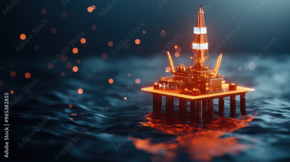Fototapeta premium Futuristic Augmented Reality Oil Drilling Interface in Dark Offshore Setting - with Copy Space and Selective Focus